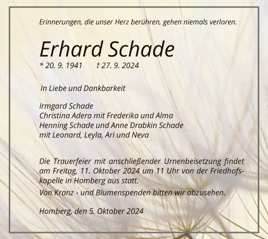 Traueranzeige von Erhard Schade von HNA