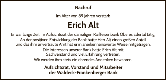 Traueranzeige von Erich Alt von HNA