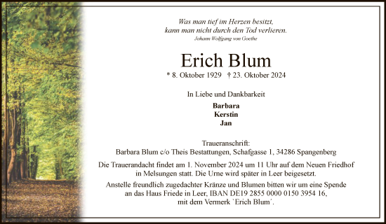 Traueranzeige von Erich Blum von HNA