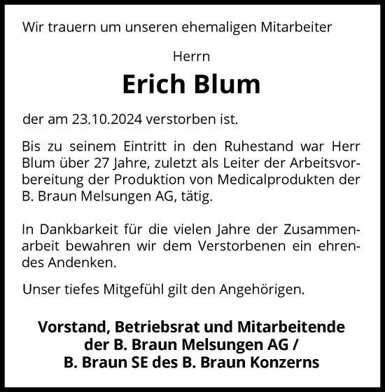 Traueranzeige von Erich Blum von HNA