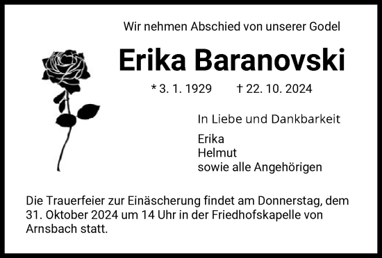 Traueranzeige von Erika Baranovski von HNA