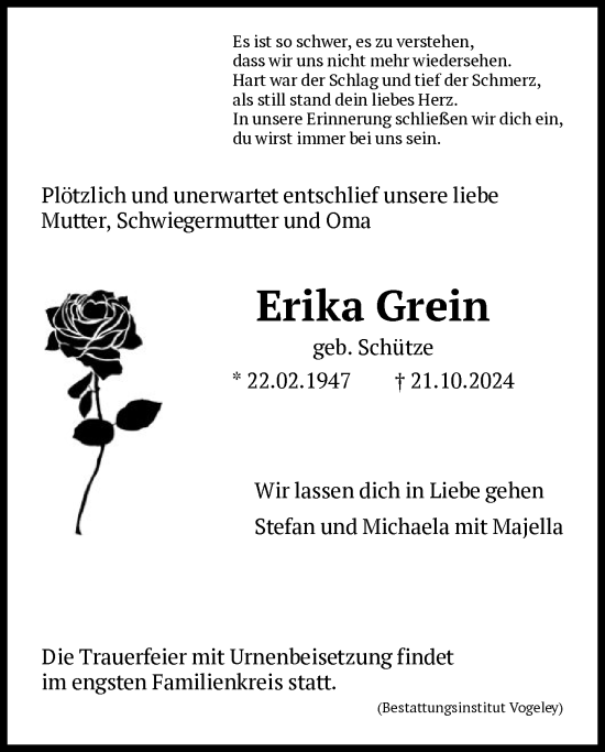 Traueranzeige von Erika Grein von HNA