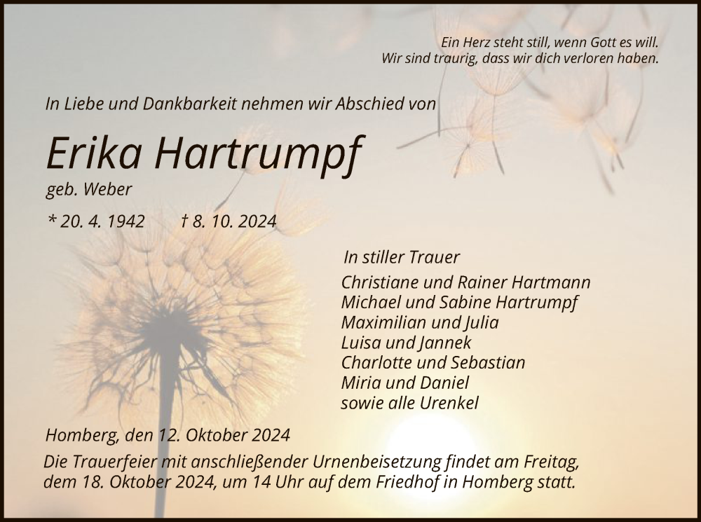  Traueranzeige für Erika Hartrumpf vom 12.10.2024 aus HNA