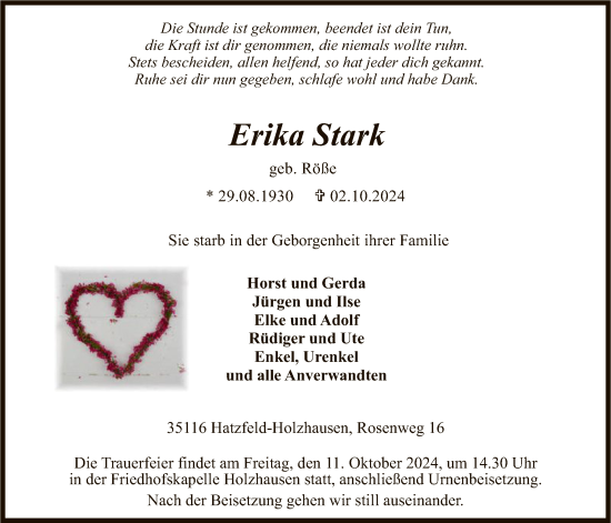 Traueranzeige von Erika Stark von HNA