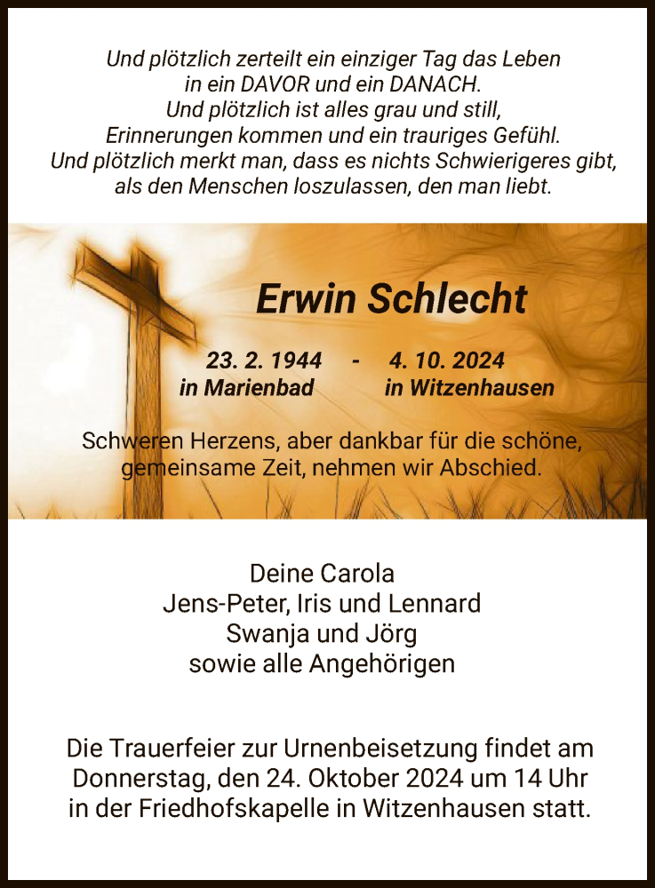  Traueranzeige für Erwin Schlecht vom 19.10.2024 aus HNA