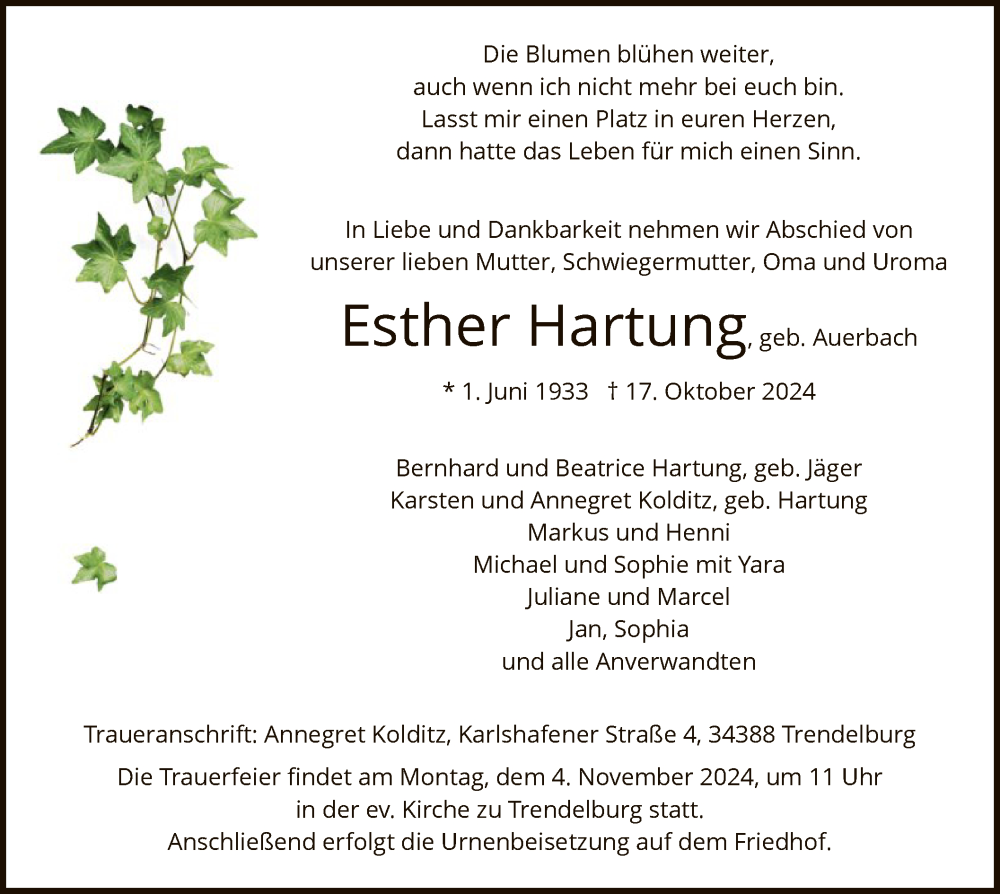  Traueranzeige für Esther Hartung vom 26.10.2024 aus HNAHNA