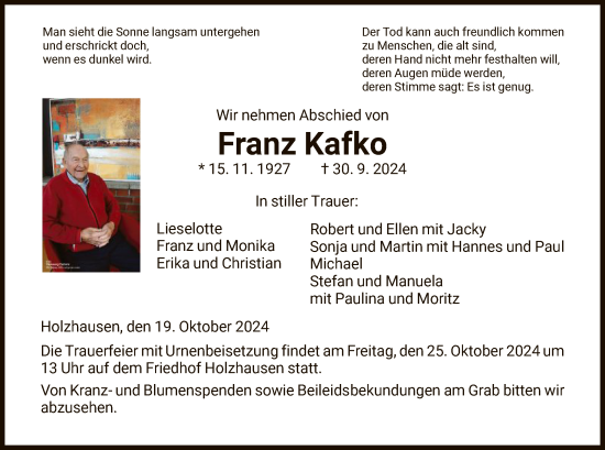Traueranzeige von Franz Kafko von HNAHNA
