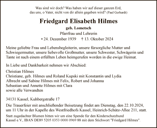 Traueranzeige von Friedgard Elisabeth Hilmes von HNA