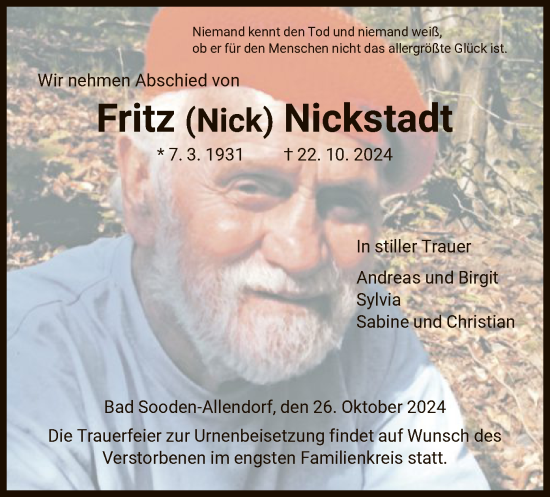 Traueranzeige von Fritz  Nickstadt von HNA