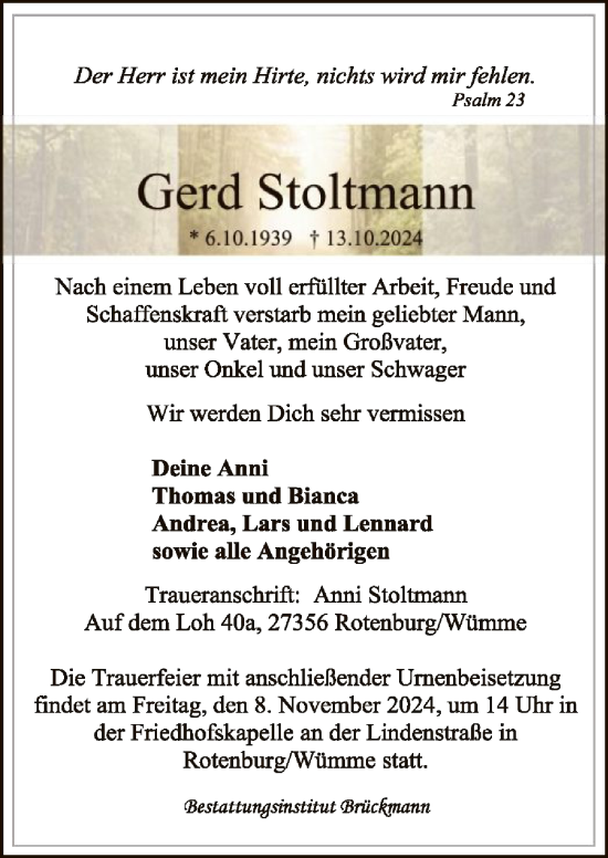 Traueranzeige von Gerd Stoltmann von HNA