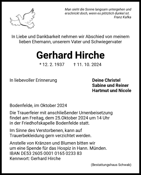 Traueranzeige von Gerhard Hirche von HNA