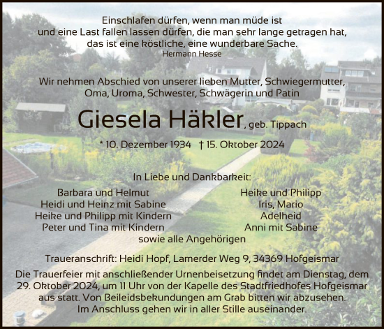 Traueranzeige von Giesela Häkler von HNA