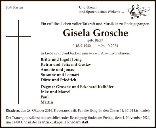 Traueranzeige von Gisela Grosche von WLZHNAHNA