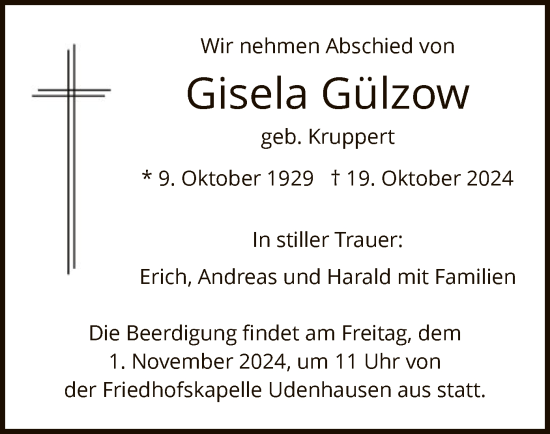 Traueranzeige von Gisela Gülzow von HNA