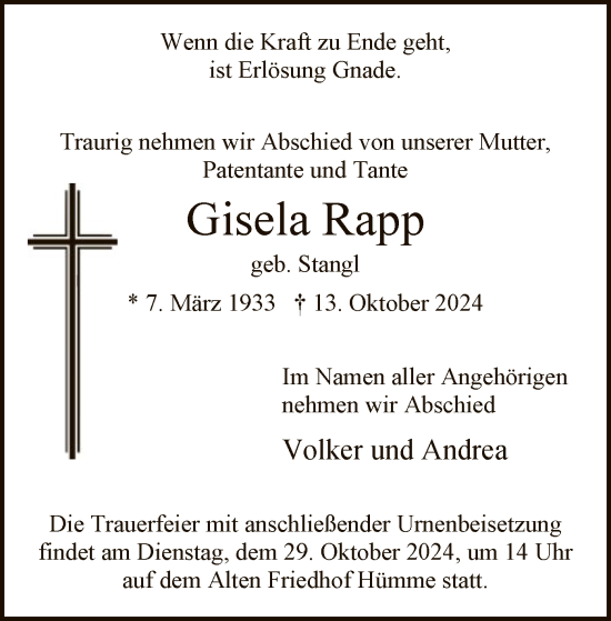 Traueranzeige von Gisela Rapp von HNA