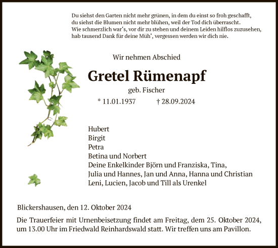 Traueranzeige von Gretel Rümenapf von HNA