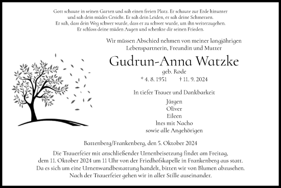 Traueranzeige von Gudrun-Anna Watzke von HNA