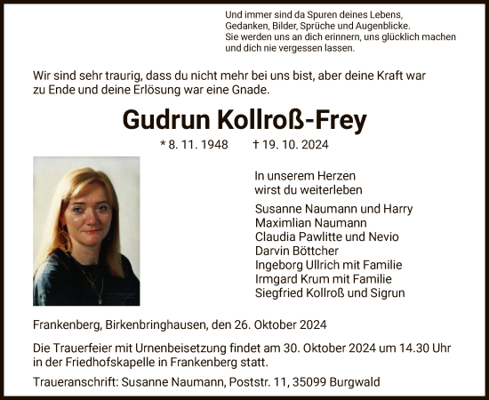 Traueranzeige von Gudrun Kollroß-Frey von HNA