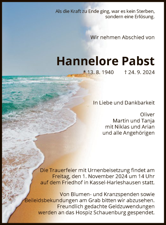 Traueranzeige von Hannelore Pabst von HNA