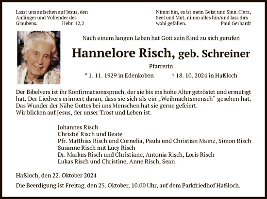 Traueranzeige von Hannelore Risch von HNAHNA