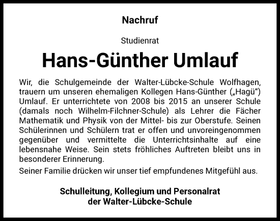 Traueranzeige von Hans-Günther Umlauf von HNA