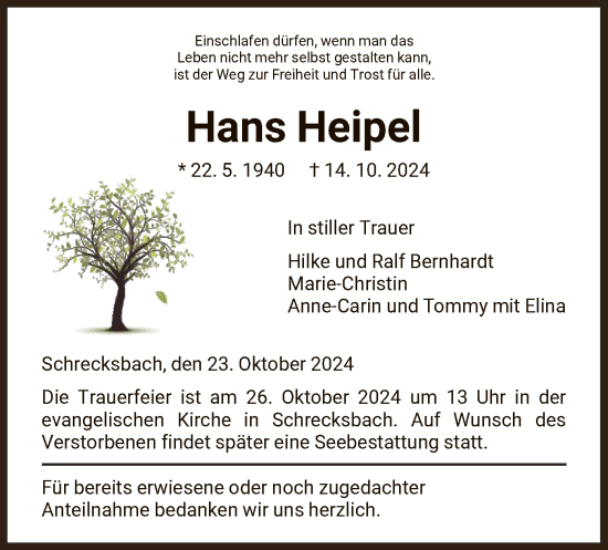 Traueranzeige von Hans Heipel von HNA