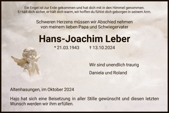 Traueranzeige von Hans-Joachim Leber von HNA