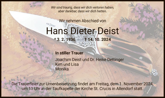 Traueranzeige von Hans Dieter Deist von HNA