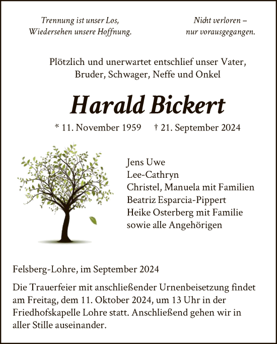 Traueranzeige von Harald Bickert von HNA