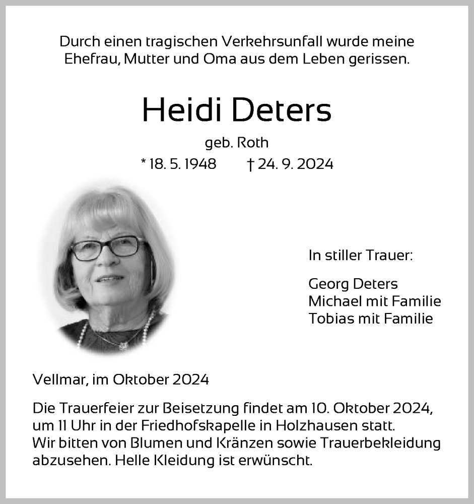  Traueranzeige für Heidi Deters vom 05.10.2024 aus HNAHNA