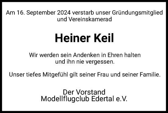 Traueranzeige von Heiner Keil von HNA