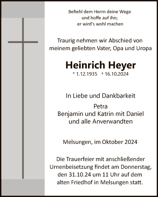 Traueranzeige von Heinrich Heyer von HNA