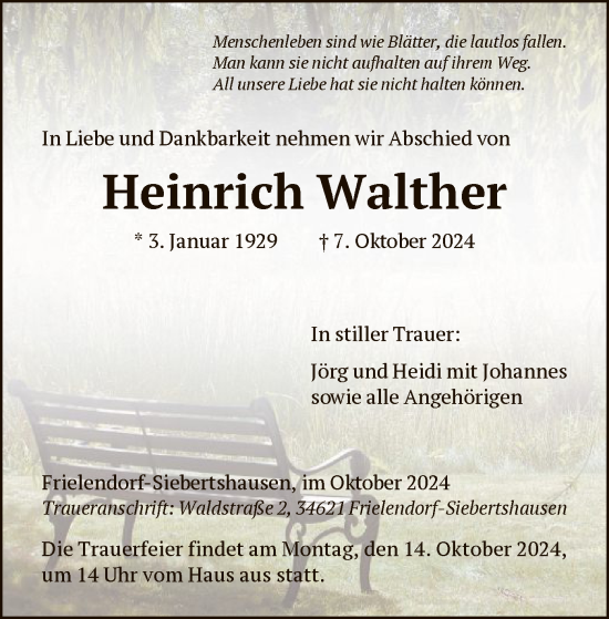 Traueranzeige von Heinrich Walther von HNAHNA