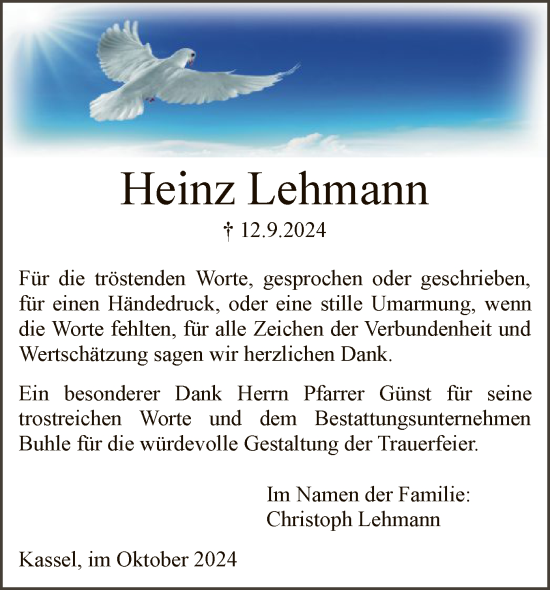 Traueranzeige von Heinz Lehmann von HNA