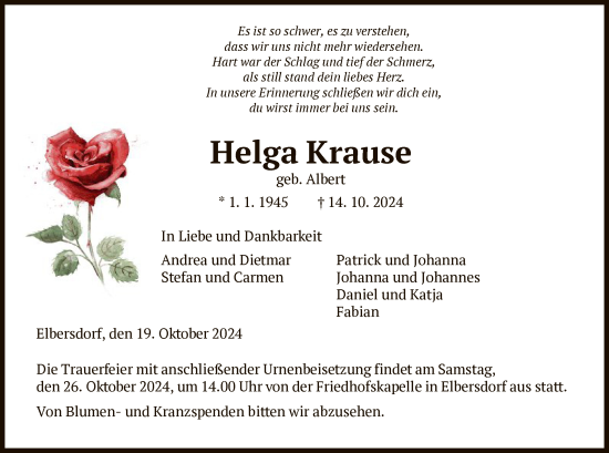 Traueranzeige von Helga Krause von HNA