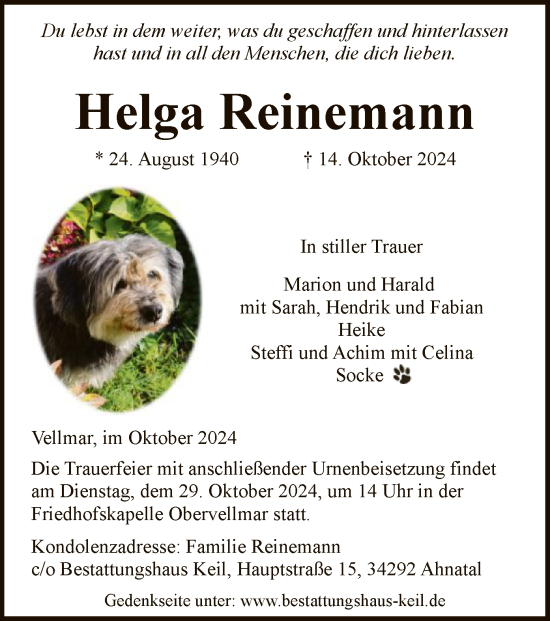 Traueranzeige von Helga Reinemann von HNA