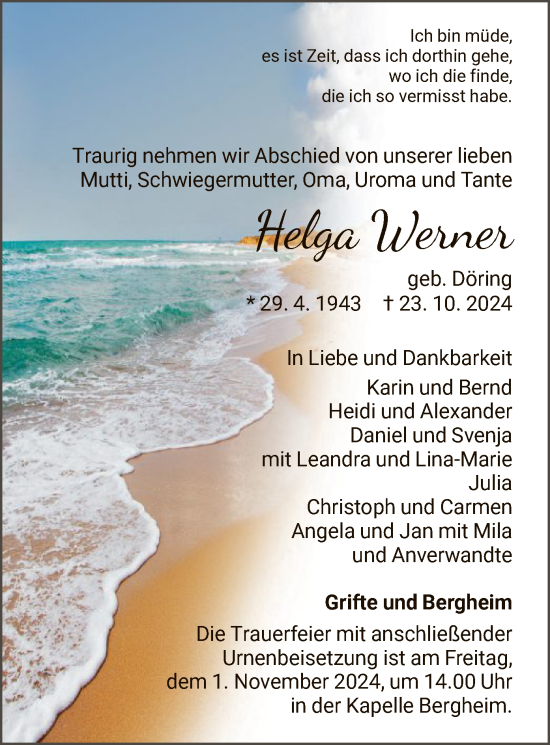 Traueranzeige von Helga Werner von HNA