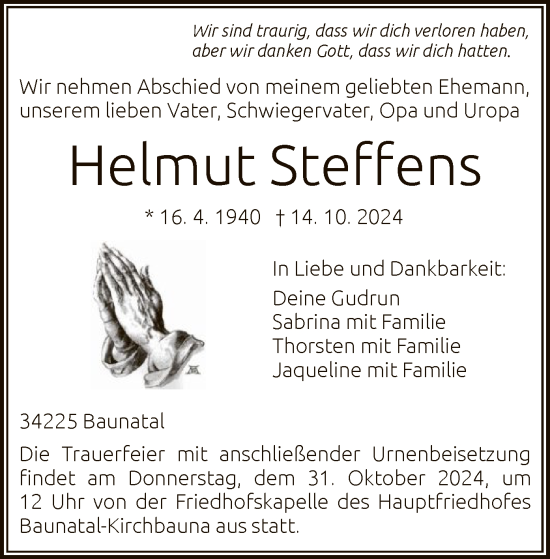 Traueranzeige von Helmut Steffens von HNA