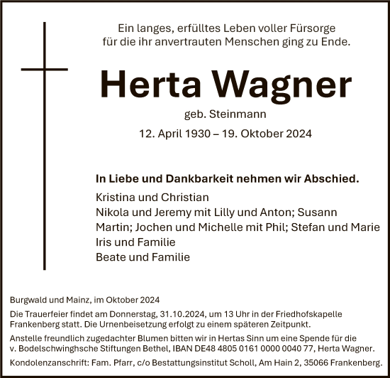 Traueranzeige von Herta Wagner von HNA