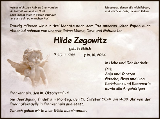 Traueranzeige von Hilde Zegowitz von HNA