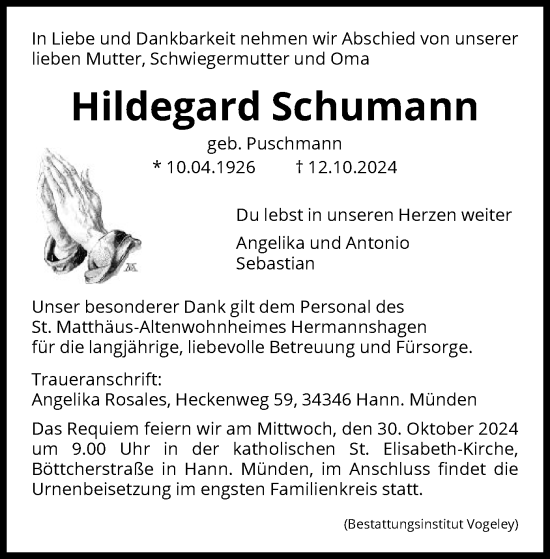 Traueranzeige von Hildegard Schumann von HNA