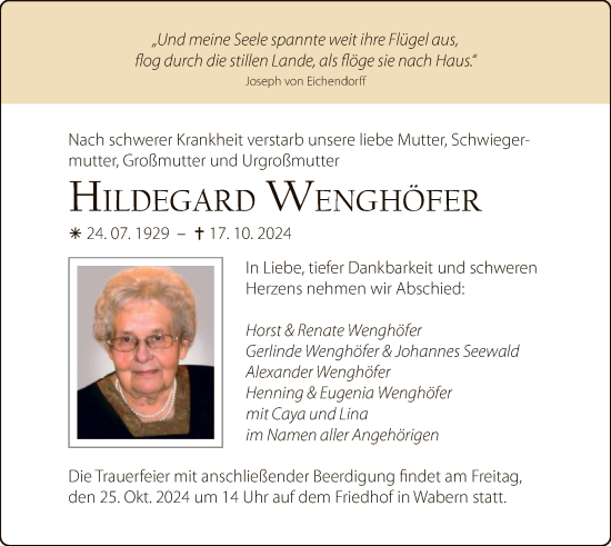 Traueranzeige von Hildegard Wenghöfer von HNA