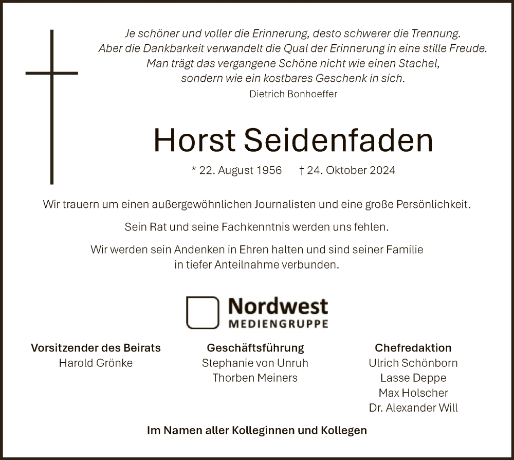  Traueranzeige für Horst Seidenfaden vom 29.10.2024 aus HNA