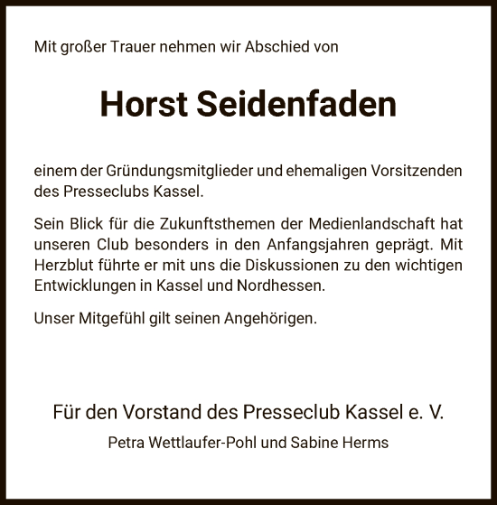 Traueranzeige von Horst Seidenfaden von HNA