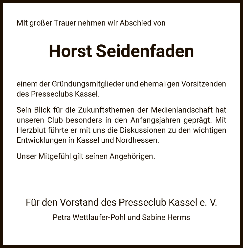  Traueranzeige für Horst Seidenfaden vom 29.10.2024 aus HNA