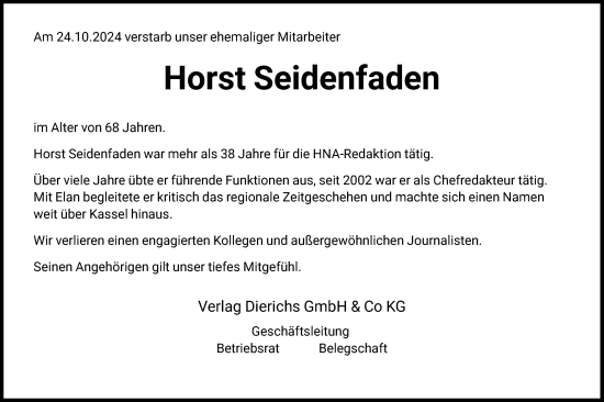 Traueranzeige von Horst Seidenfaden von HNA