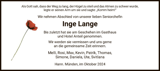 Traueranzeige von Inge Lange von HNA