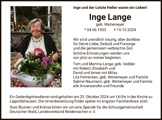 Traueranzeige von Inge Lange von HNA