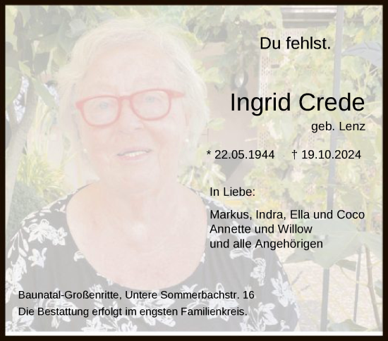 Traueranzeige von Ingrid Crede von HNA