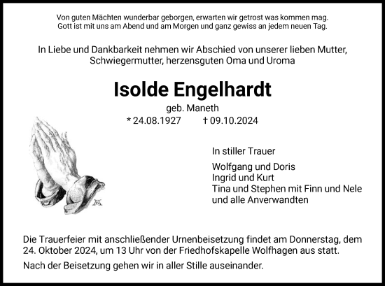 Traueranzeige von Isolde Engelhardt von HNA